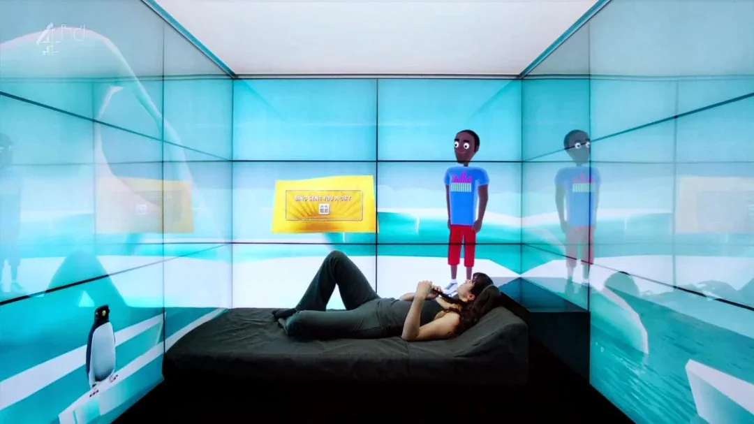 A character surrounded by wall-sized screens in Black Mirror's “Fifteen Million Merits”