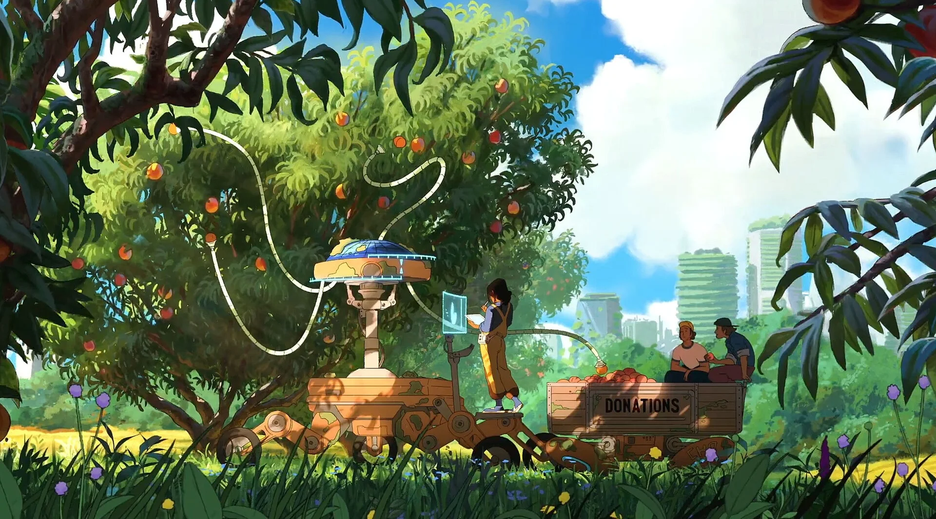 A solarpunk city surrounded by greenery