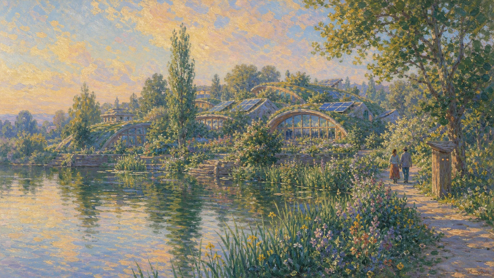 A solarpunk landscape with technology integrated into nature